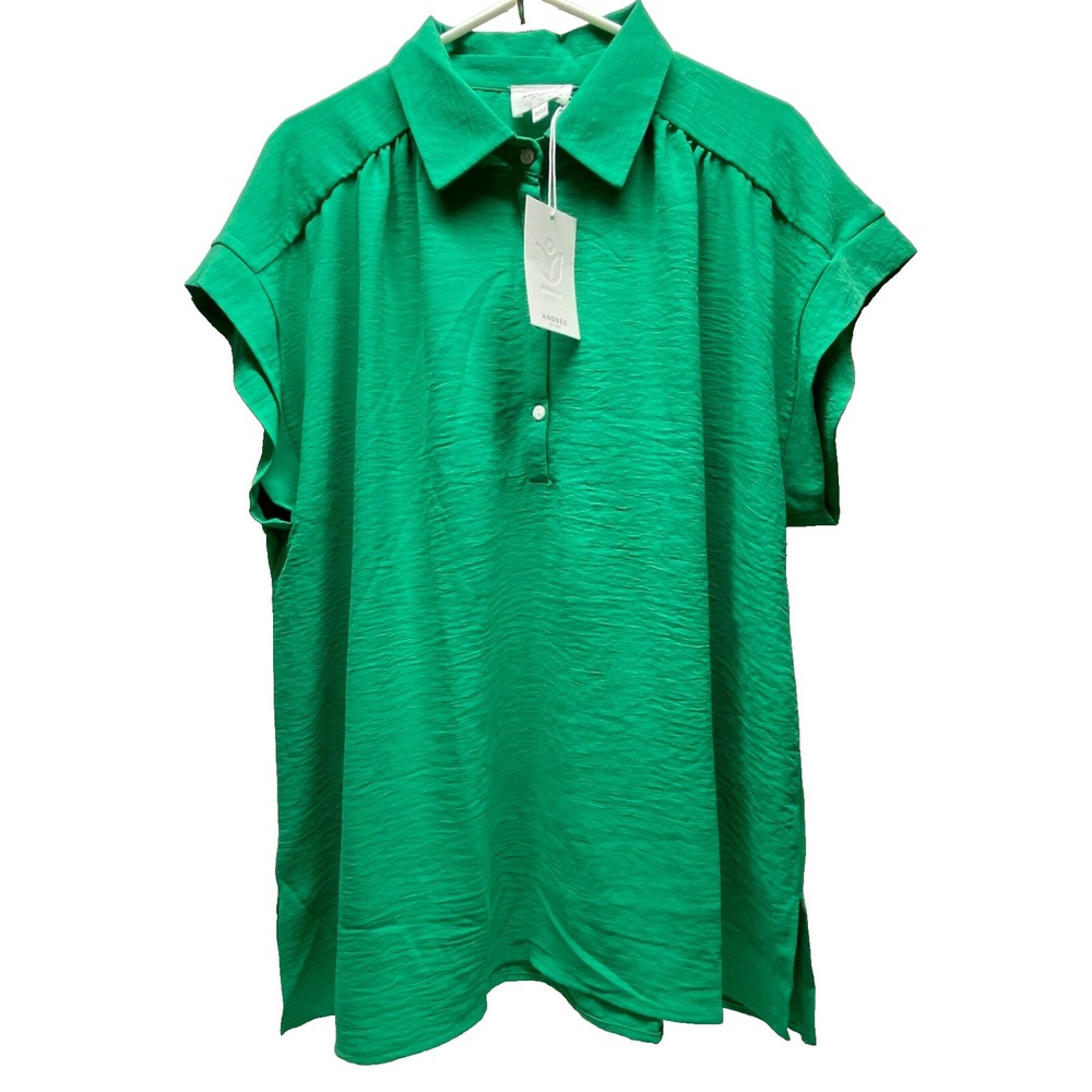Andree By Unit Crepe Blouse Women's 1X Bright Green Polo Career Casual NWT
